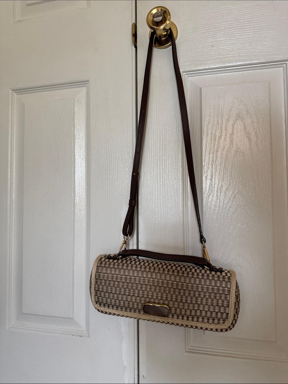 Woven Barrel Shoulder Bag in Brown and Cream